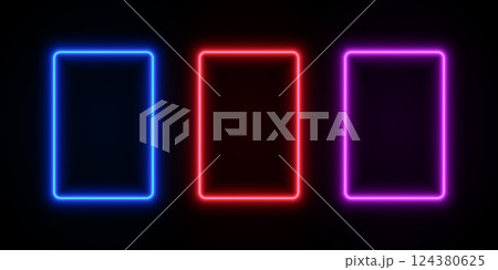 Light neon rectangle frames. Glow LED border of blue, red and purple colors on black transparent background. Vector set laser template for design. Light neon rectangle frames. Glow LED border of blue, red and purple colors on black transparent background. Vector set laser template for design. 124380625