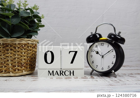 Wooden Calendar Showing the Date of March 7th. Day 7 of March month 124380716