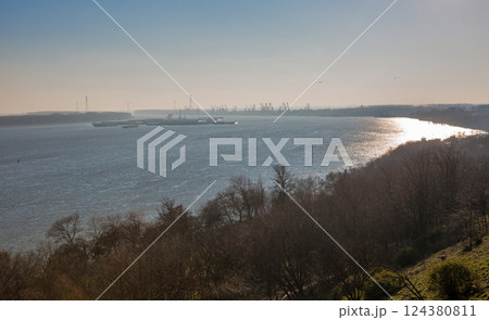 Danube river and Romportmet industrial zone. Galati, Romania 124380811