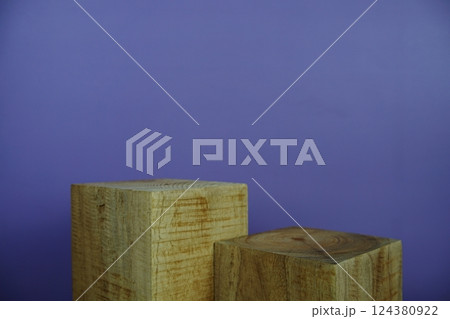 Wooden podium display scene stage showcase front view with copy space on purple background 124380922