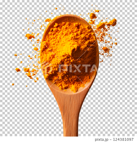 Ground turmeric powder falling from a wooden spoon, isolated on a transparent background. Yellow orange spice scattering in motion, culinary ingredient, aromatic seasoning for food and design use. Ground turmeric powder falling from a wooden spoon, isolated on a transparent background. Yellow orange spice scattering in motion, culinary ingredient, aromatic seasoning for food and design use. 124381097
