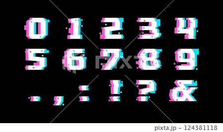 Numbers and punctuation marks glitch digital vhs noise effect font, typographic numeric symbols destroyed glitch style Numbers and punctuation marks glitch digital vhs noise effect font, typographic numeric symbols destroyed glitch style 124381118