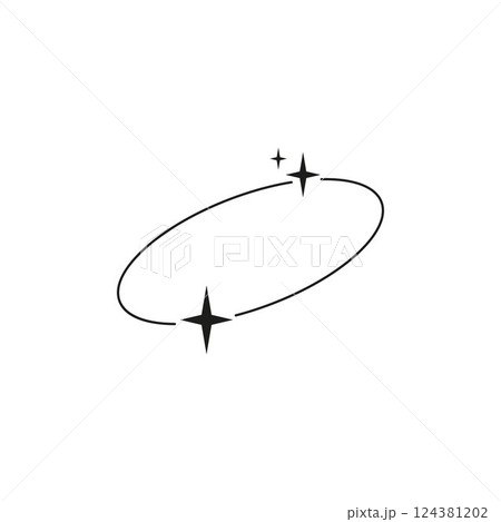 Minimalist Y2K aesthetic line art element, abstract black linear oval frame with sparkle stars, space Boho decoration 124381202