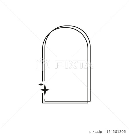 Y2K aesthetic line arch border, vector black double linear rounded rectangle frame with sparkle stars Boho style art 124381206