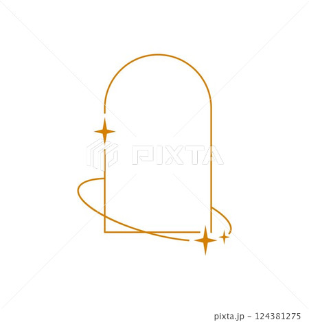 Y2K aesthetic line arch border, vector orange linear rounded rectangle frame with ring and sparkle stars, Boho line art 124381275