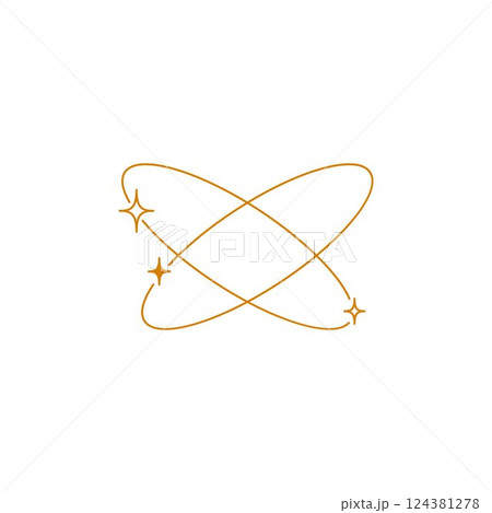 Orange orbital rings with sparkle stars Y2K vector, abstract swirl circles symbol, science Boho design, molecular trails 124381278
