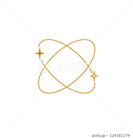 Intertwined orange orbital two rings with sparkle stars y2k line art, vector science abstract circles symbol Boho style 124381279