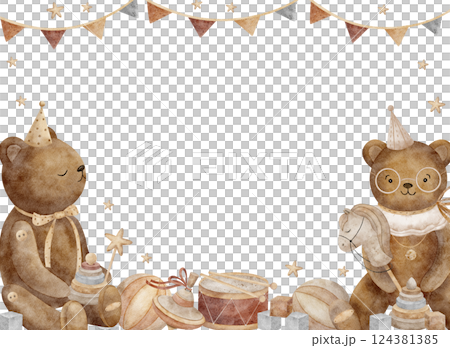 Rectangular watercolor frame with teddy bears in festive clothes with vintage toys. Retro style illustration on a white background. Template with space for text cards, invitations, holidays, birthdays 124381385