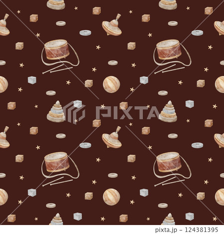 Seamless pattern vintage children's toys, ball, drum, pyramid, cubes. Watercolor illustration on color, burgundy, red background in retro style for printing on children's textiles, fabrics, packaging 124381395