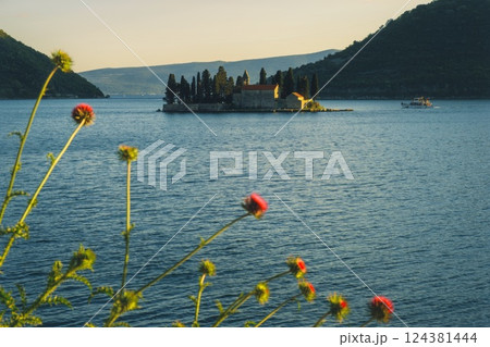 Island Church of Our Lady of the Rocks on Serene Bay of Kotor near Perats at Sunset 124381444