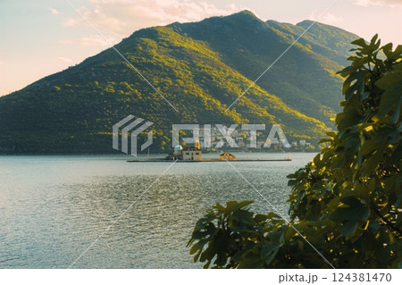 Island Church of Our Lady of the Rocks on Serene Bay of Kotor near Perats at Sunset 124381470
