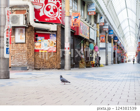【京急蒲田あすと】早朝の商店街とハト 124381539