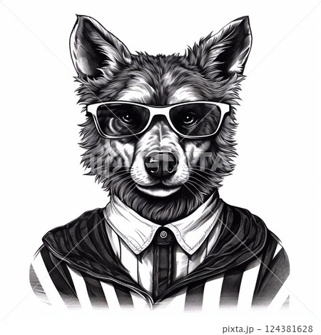 A sophisticated wolf in a stylish suit and glasses, creating a unique and intriguing portrait. Generative AI 124381628