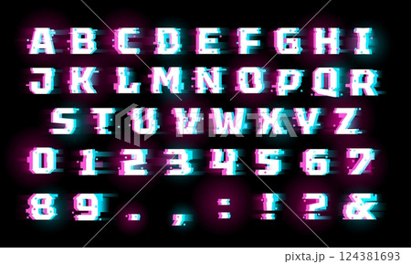 Uppercase letters alphabet and numbers, glitch and digital vhs noise effect font, destroyed glitch typographic symbols Uppercase letters alphabet and numbers, glitch and digital vhs noise effect font, destroyed glitch typographic symbols 124381693
