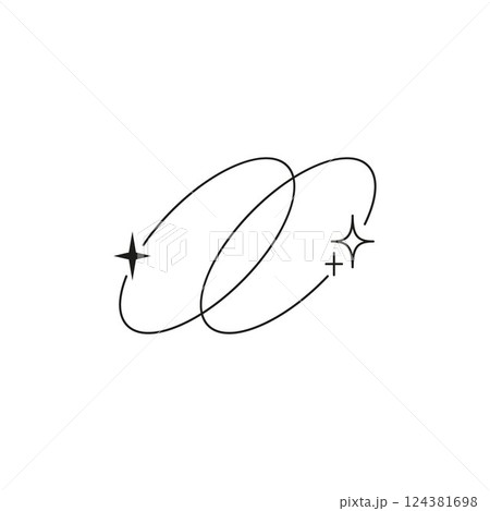 Minimalist Y2K aesthetic line element, abstract linear frames with stars and sparkles, Boho outline model with flares 124381698