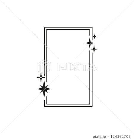 Y2K aesthetic double line border, vector abstract black rectangle linear frame with stars and sparkles, Boho line art 124381702