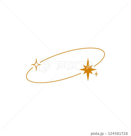 Minimalist Y2K aesthetic line element, abstract orange linear oval frame with stars and sparkles, space Boho line art 124381728