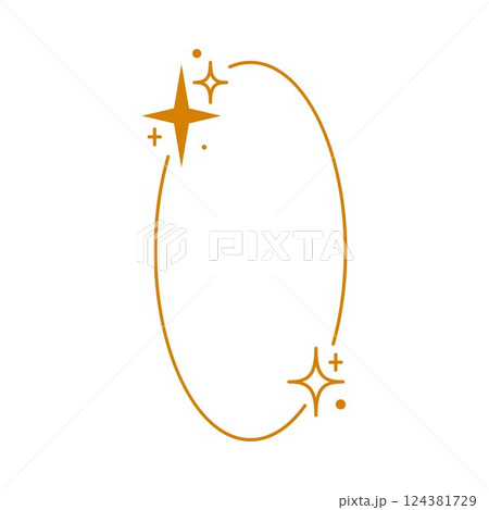 Minimalist Y2K aesthetic line border, vector orange linear oval frame with stars and sparkles, round shape Boho line art 124381729