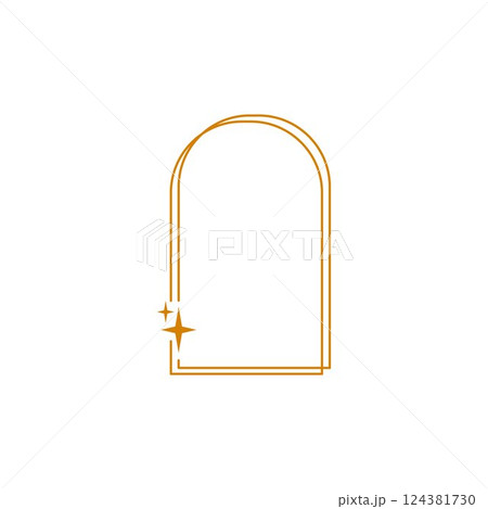 Y2K aesthetic line arch border, vector orange double linear rounded rectangle frame with stars, sparkles Boho line art 124381730