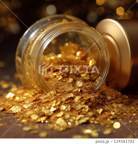 Golden glitter in a glass container with scattered sparkles around it. Generative AI 124381782
