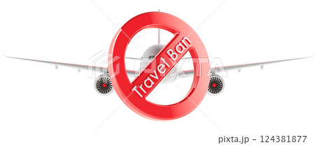 Forbidden sign with airplane. Travel ban, concept. 3D rendering 124381877