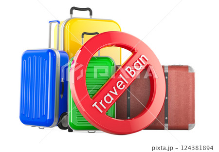 Suitcases with prohibition sign. Travel ban, concept. 3D rendering 124381894