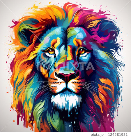 Vibrant portrait of a lion in pop art style, with saturated colors and abstract strokes. Generative AI 124381921