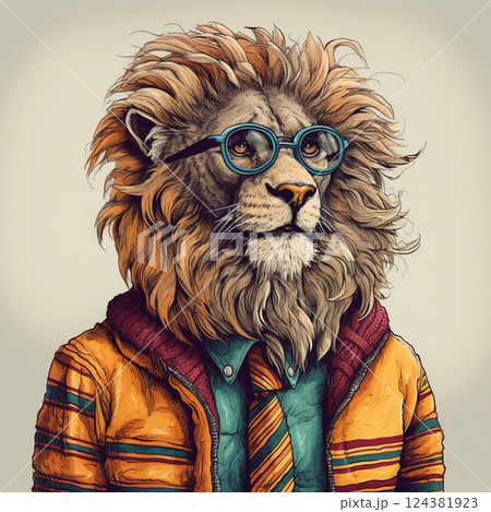 Lion in glasses, fashionable shirt, and style jacket. Pop-art. Generative AI 124381923