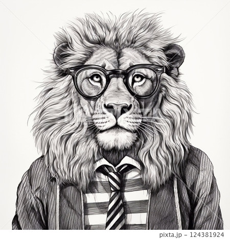 Black and white portrait of a lion in glasses, shirt, and tie, created using graphic techniques. Generative AI 124381924