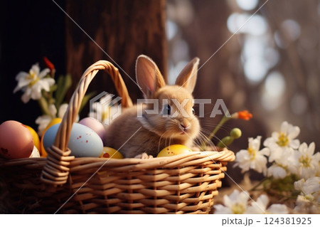 A cute brown rabbit sits in a woven basket surrounded by bright Easter eggs and delicate flowers. generative AI 124381925