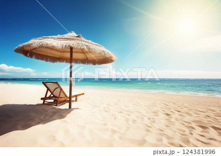 Beach chair and umbrella on the sandy beach. Vacation concept. Generative AI 124381996