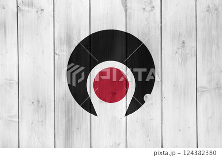 Official flag of Shimane. Prefecture in Japan. Conceptual collage on wood texture Official flag of Shimane. Prefecture in Japan. Conceptual collage on wood texture 124382380