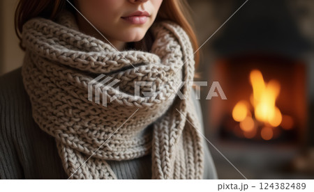 Warm and cozy scene with female wearing knitted scarf by fireplace. AI generation Warm and cozy scene with female wearing knitted scarf by fireplace. AI generation 124382489
