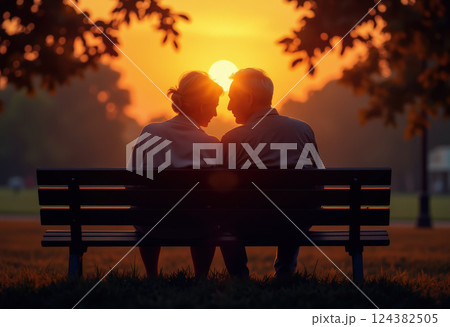 Elderly caucasian couple sitting on a bench at sunset in a park. AI generation 124382505