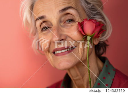 Elderly caucasian female with rose smiling against pink background. AI generation Elderly caucasian female with rose smiling against pink background. AI generation 124382550
