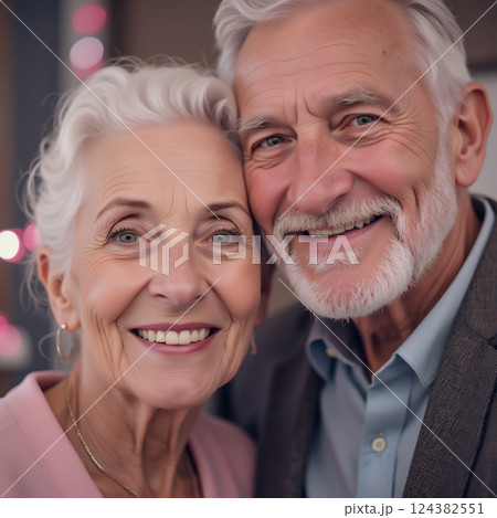 Elderly caucasian couple smiling warmly at the camera together. AI generation 124382551