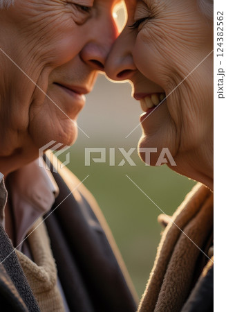 Elderly caucasian couple embracing in warm sunlight. AI generation 124382562