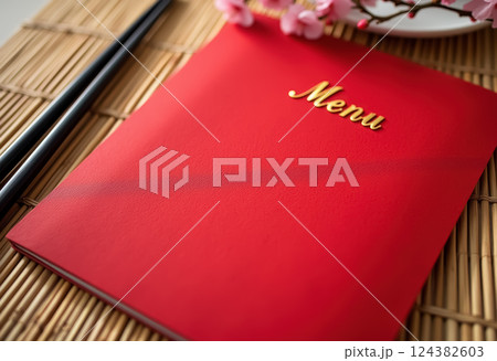 Asian cuisine menu design on bamboo mat with red cover for restaurant branding. AI generation 124382603