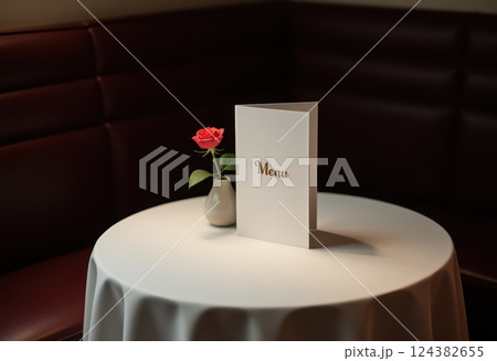 Elegant dining table with menu and rose in cozy restaurant setting 124382655