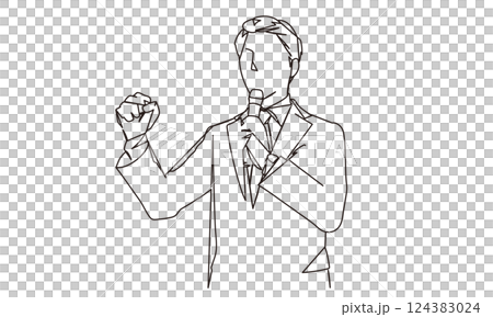 一位商人用麥克風做演講的線畫 一位商人用麥克風做演講的線畫 124383024