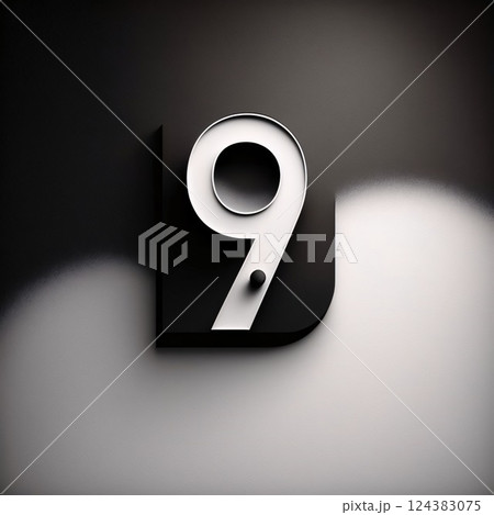 3D render of a metallic number with shadow on a black background. number 9 3D render of a metallic number with shadow on a black background. number 9 124383075