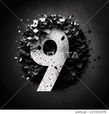 Number 9 cracked in the wall. 3d illustration. Black background. 124383076