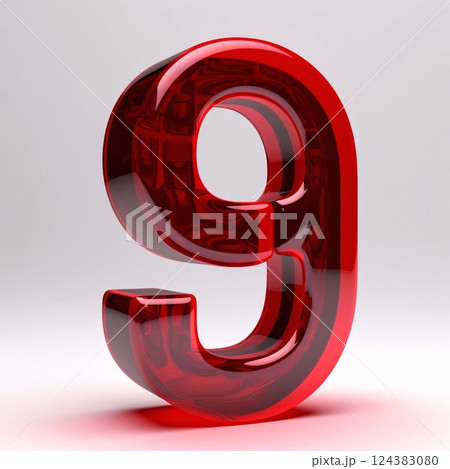 Red glossy number 9 isolated on white background. 3D rendered illustration. Red glossy number 9 isolated on white background. 3D rendered illustration. 124383080