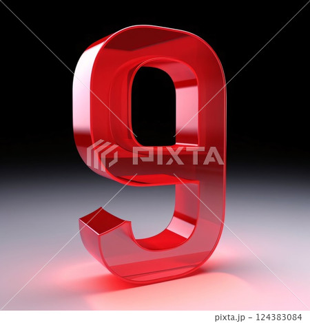 3d glossy red letter 9 isolated on black background, computer generated images 124383084