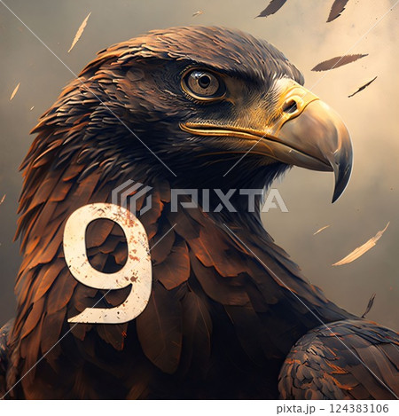 Eagle with the number 9 in its beak. 3D rendering Eagle with the number 9 in its beak. 3D rendering 124383106