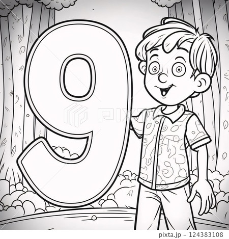 Coloring Page Outline Of a Boy with Number 9 for Coloring Book 124383108
