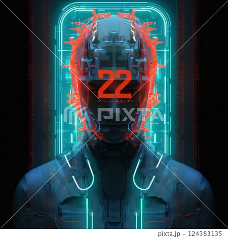 3d rendering of futuristic robot head with futuristic circuit board in dark background number 22 124383135