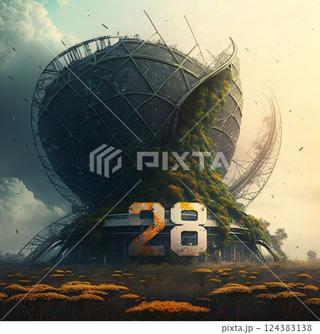 Fantasy landscape with a big steel structure in the middle of the field number 28 Fantasy landscape with a big steel structure in the middle of the field number 28 124383138