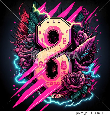 Number eight with rose flower and lightning on dark background. Vector illustration. Number 8 Number eight with rose flower and lightning on dark background. Vector illustration. Number 8 124383150
