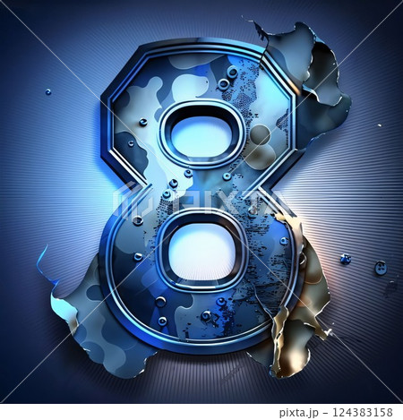 Number 8 in blue metal on a blue background. 3d illustration 124383158